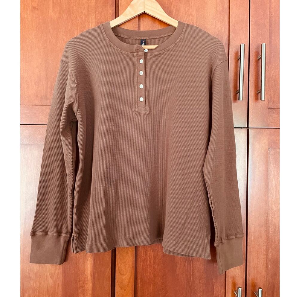 American Giant Shirt Thermal Henley Waffle Brown Size Medium